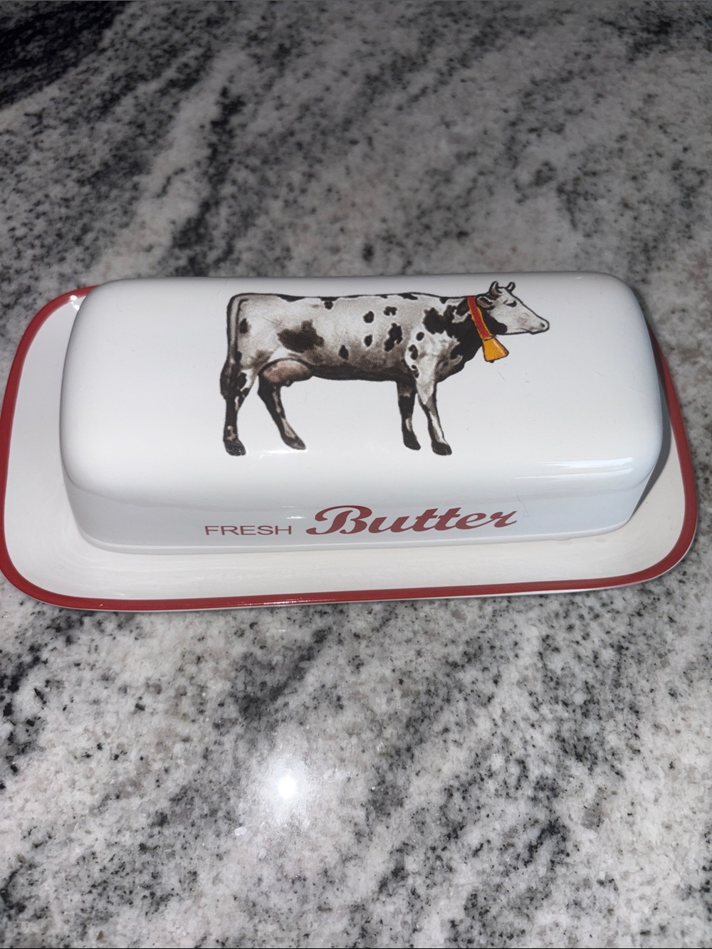 Farmhouse Cow Ceramic Butter Dish - White and Red
